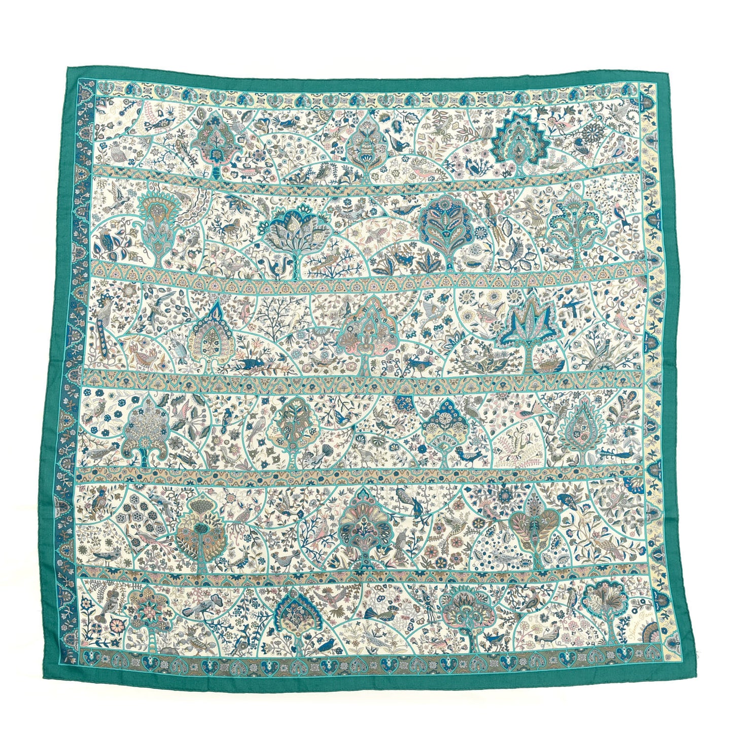 Cashmere Silk Au Pays Des Oiseaux Fleurs Shawl 140 Vert White Turquoise