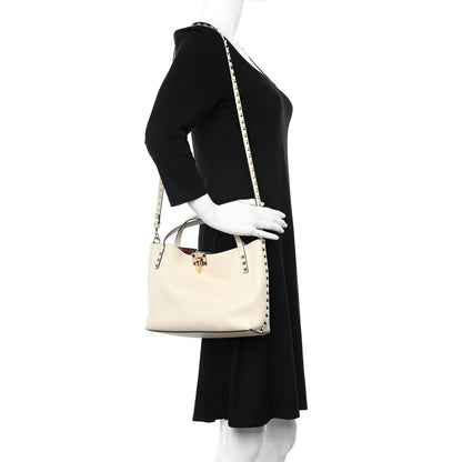 Valentino Garavani Grained Calfskin Small Rockstud Flip Lock Tote Light Ivory Rubino 3 of 12