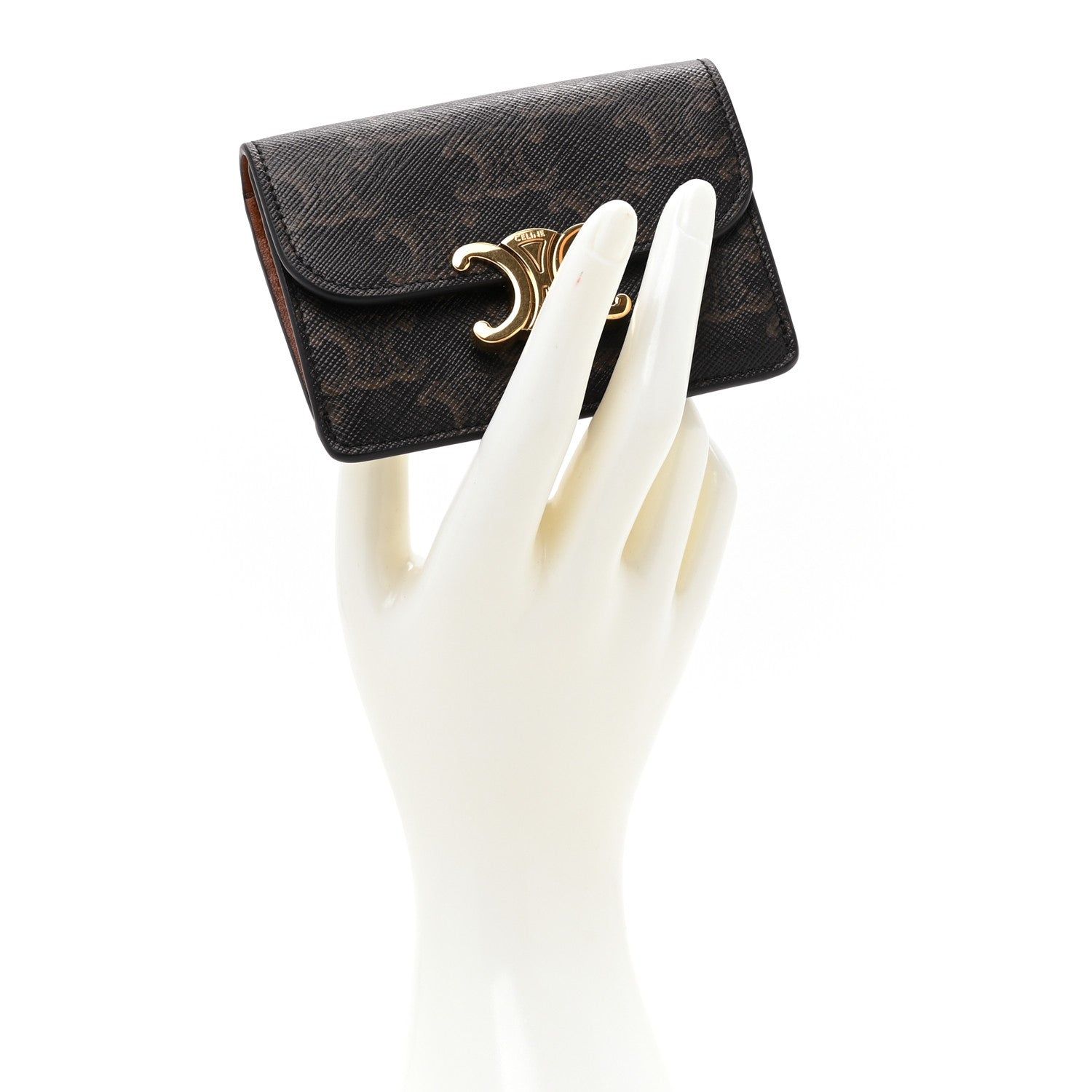 Celine Triomphe Canvas Calfskin Flap Card Holder Tan 2 of 10