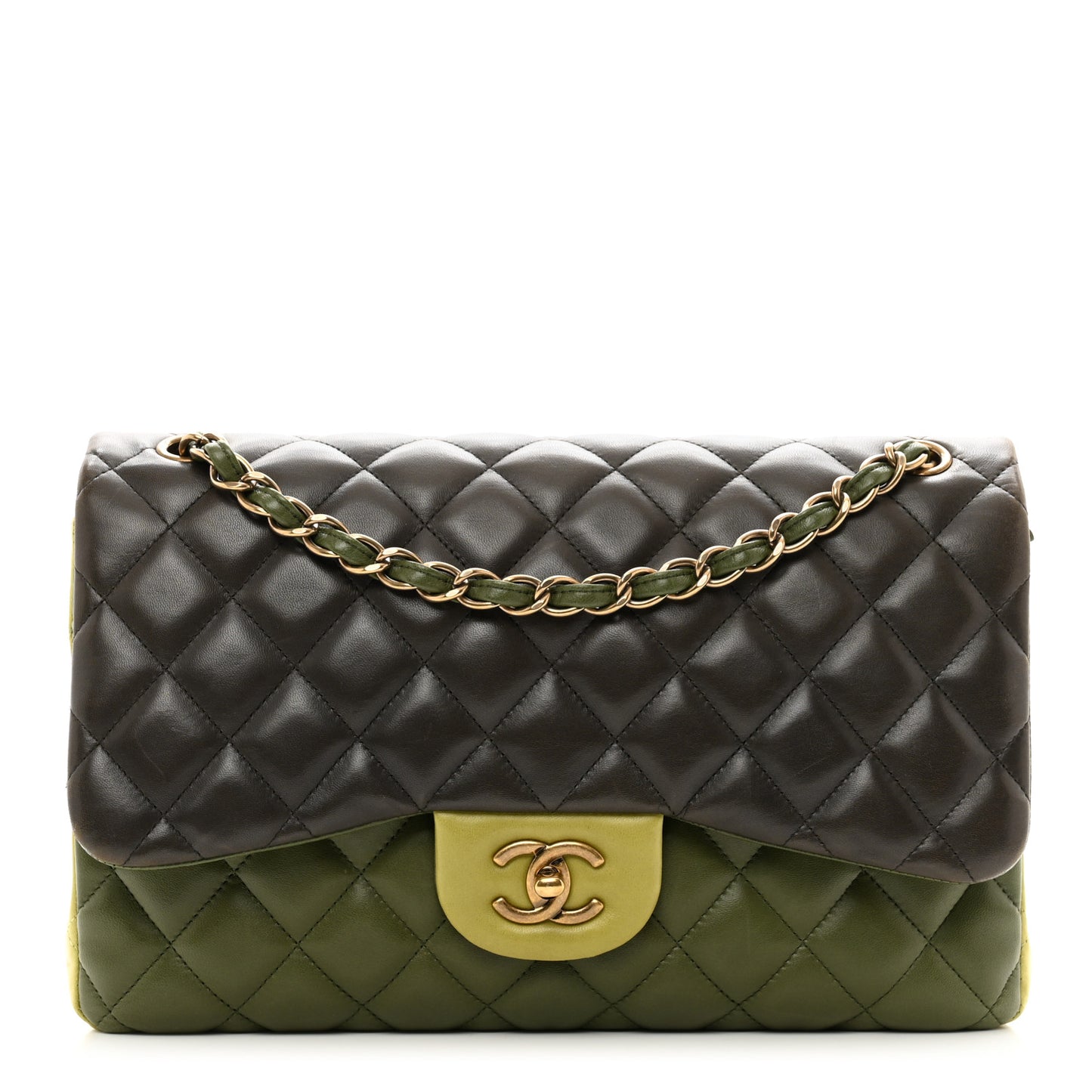 Lambskin Quilted Tri-Color Jumbo Double Flap Green Brown