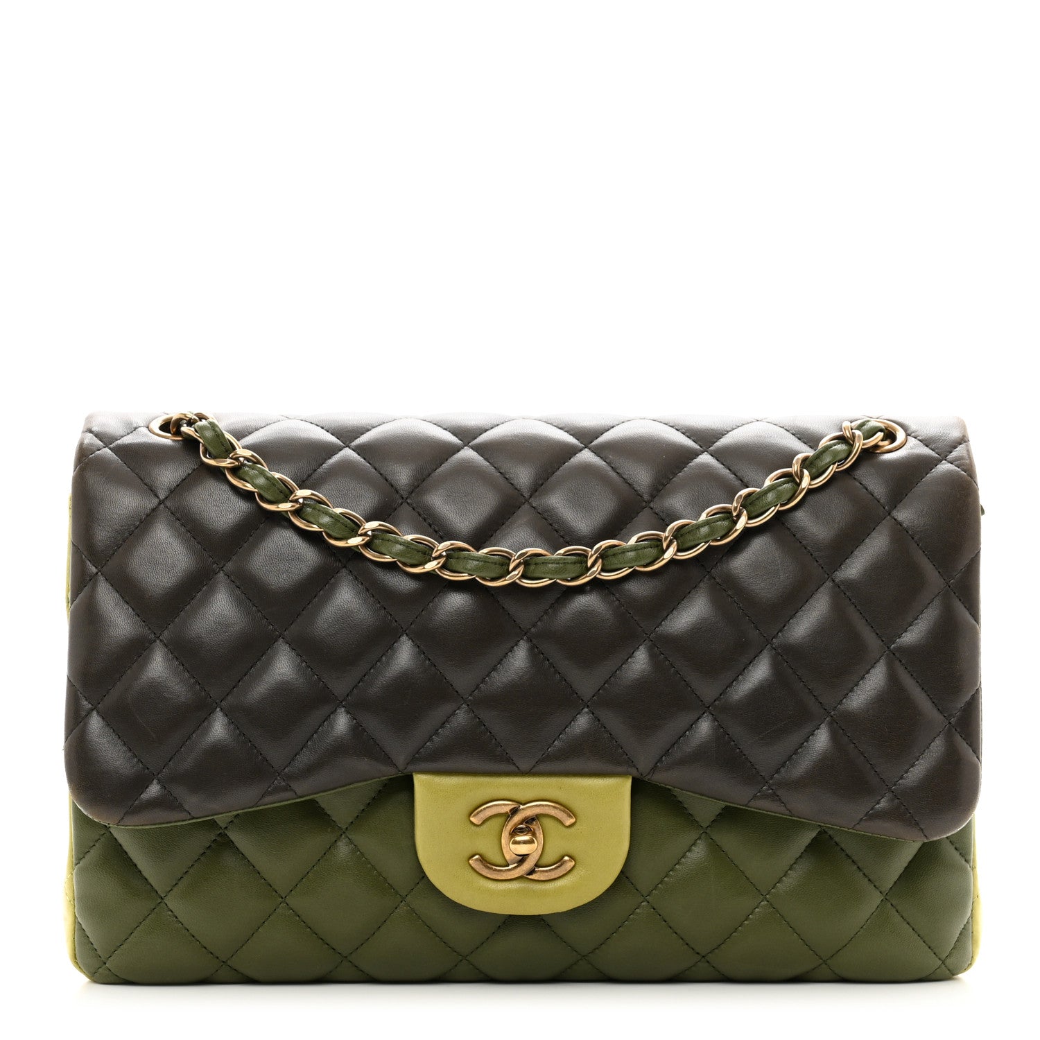Chanel Lambskin Quilted Tri-Color Jumbo Double Flap Green Brown 1 of 12