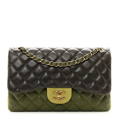 Chanel Lambskin Quilted Tri-Color Jumbo Double Flap Green Brown 1 of 12