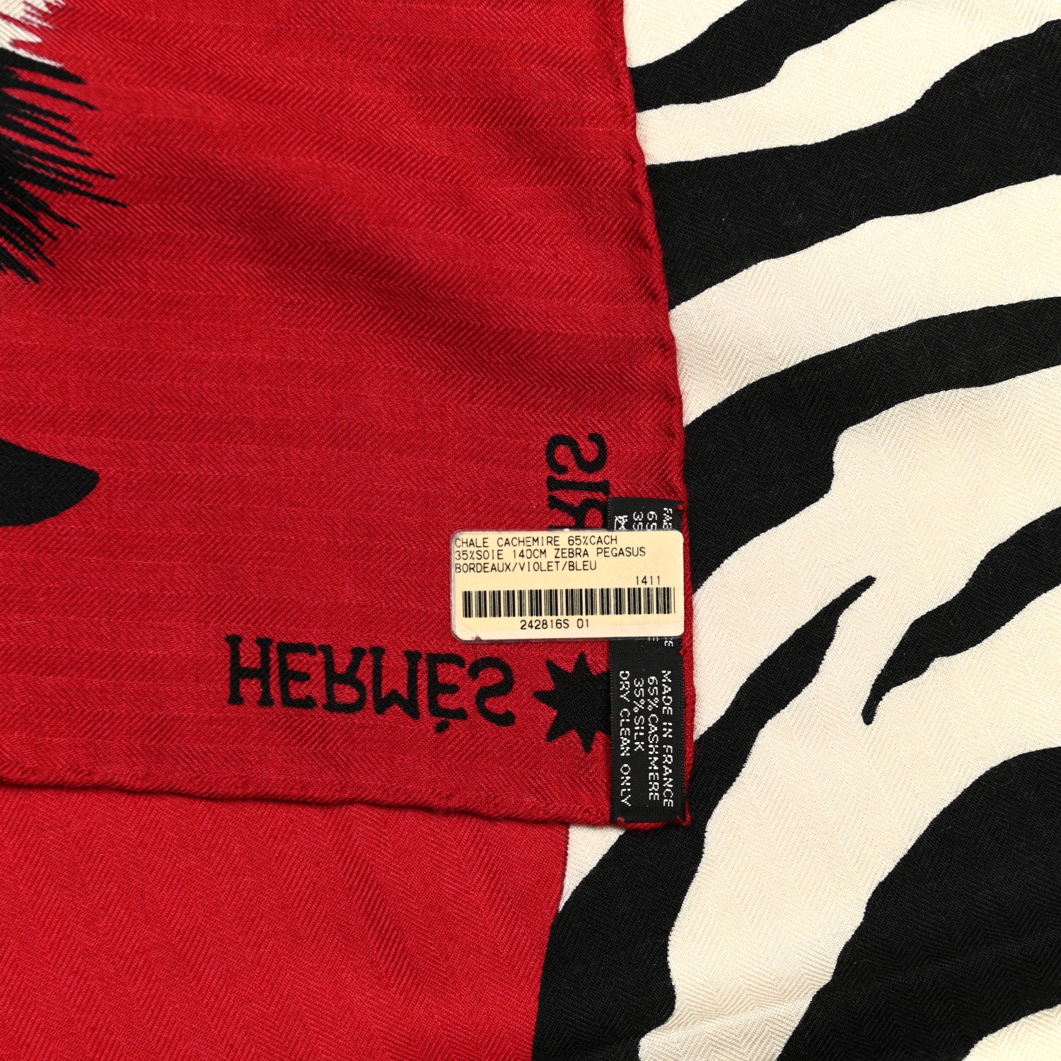 Hermes Cashmere Silk Zebra Pegasus Shawl 140 Bordeaux Violet Bleu 4 of 5