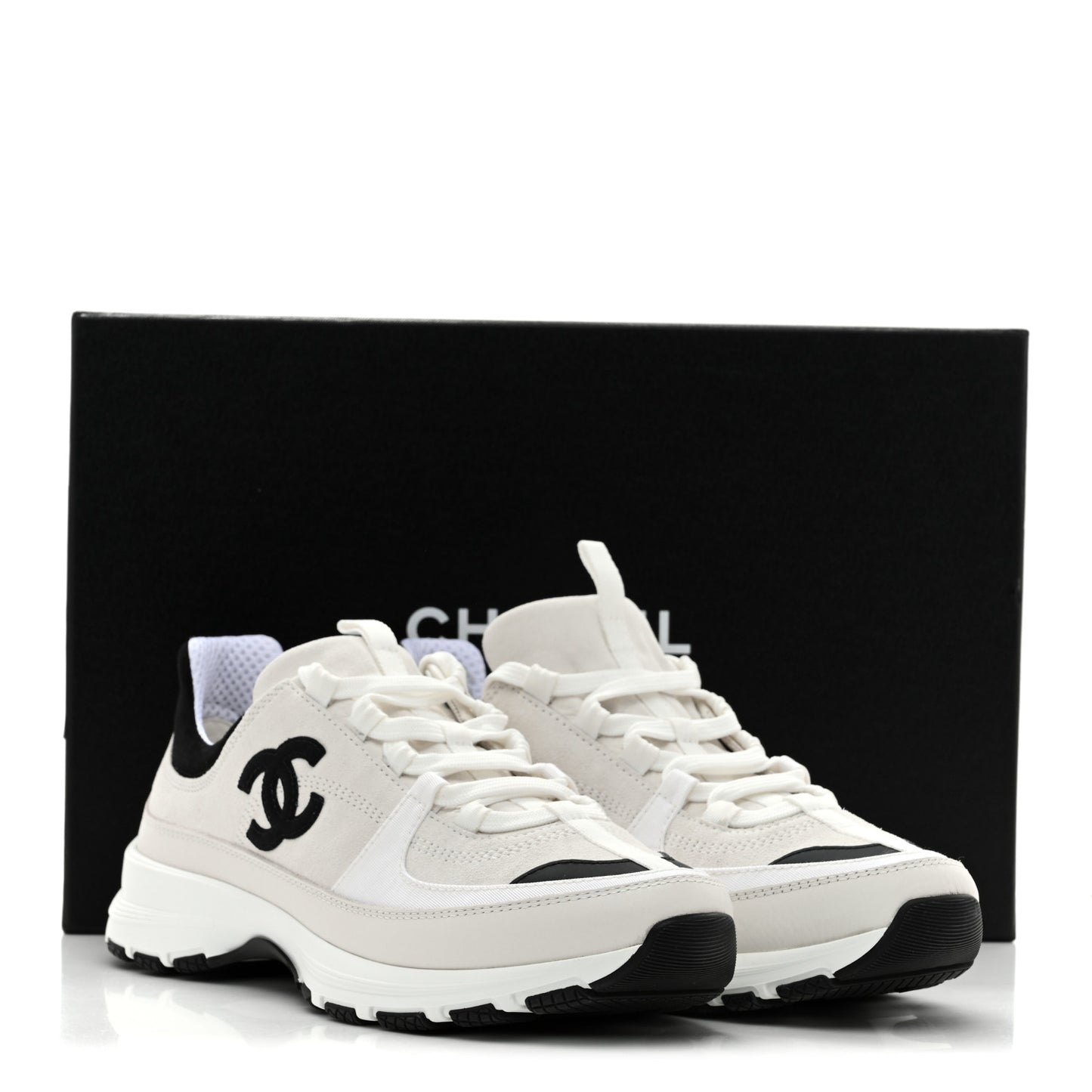 Suede Calfskin Grosgrain Womens CC Sneakers 39.5 White Black
