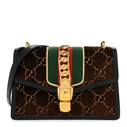 Gucci Velvet GG Monogram Web Small Sylvie Shoulder Bag Brown Black Oro Vecchio 1 of 17