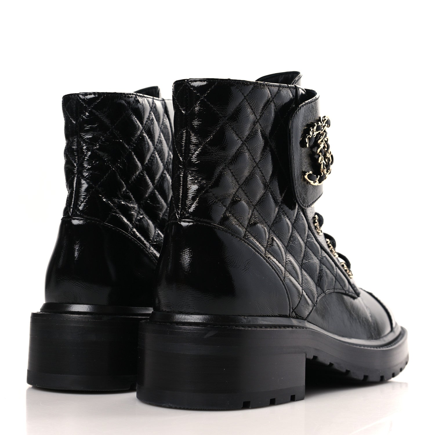 Chanel Shiny Goatskin Calfskin Quilted Lace Up Combat Boots 38 Black 4 of 7