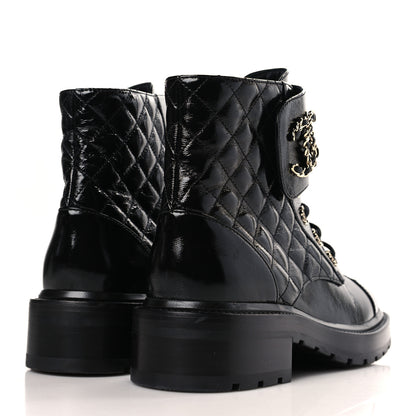 Chanel Shiny Goatskin Calfskin Quilted Lace Up Combat Boots 38 Black 4 of 7