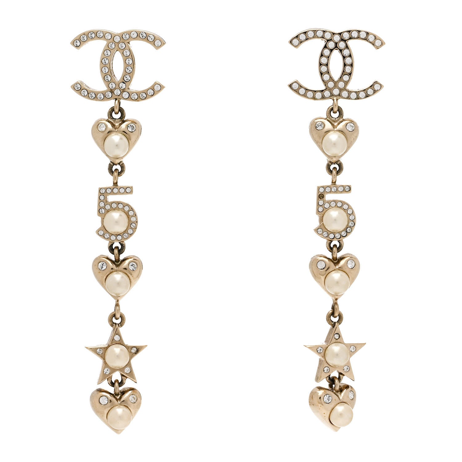 Chanel Crystal Pearl Charming Winter CC Star Heart Drop Earrings Gold 1 of 5