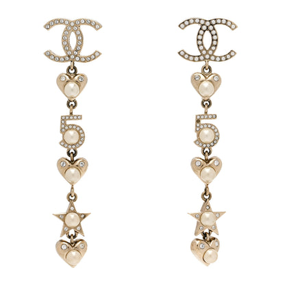 Chanel Crystal Pearl Charming Winter CC Star Heart Drop Earrings Gold 1 of 5