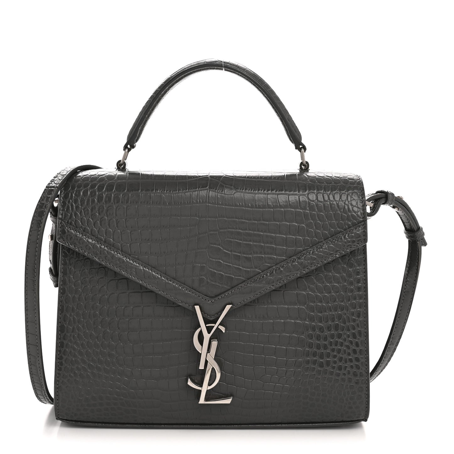 Calfskin Crocodile Embossed Medium Classic Monogram Cassandra Top Handle Fog
