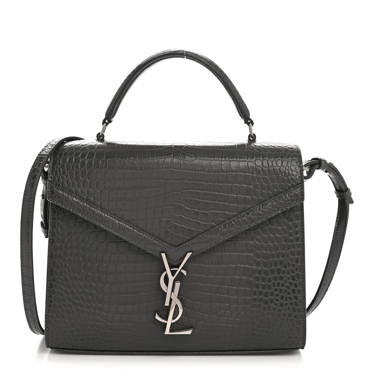 Saint Laurent Calfskin Crocodile Embossed Medium Classic Monogram Cassandra Top Handle Fog 1 of 16