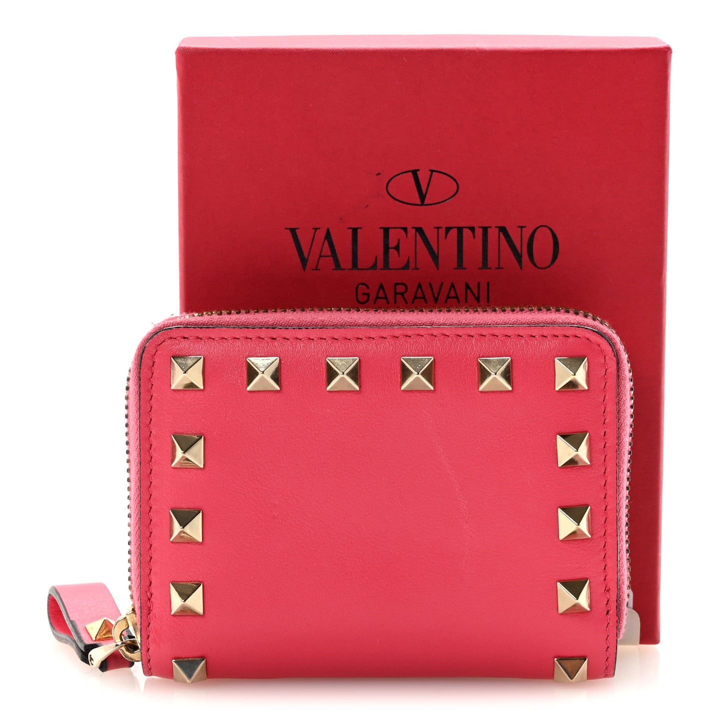 Calfskin Rockstud Zip Around Coin Case Card Holder Shadow Pink