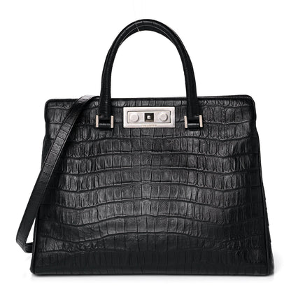 Saint Laurent Calfskin Crocodile Embossed Medium Trois Class Tote Black 1 of 17