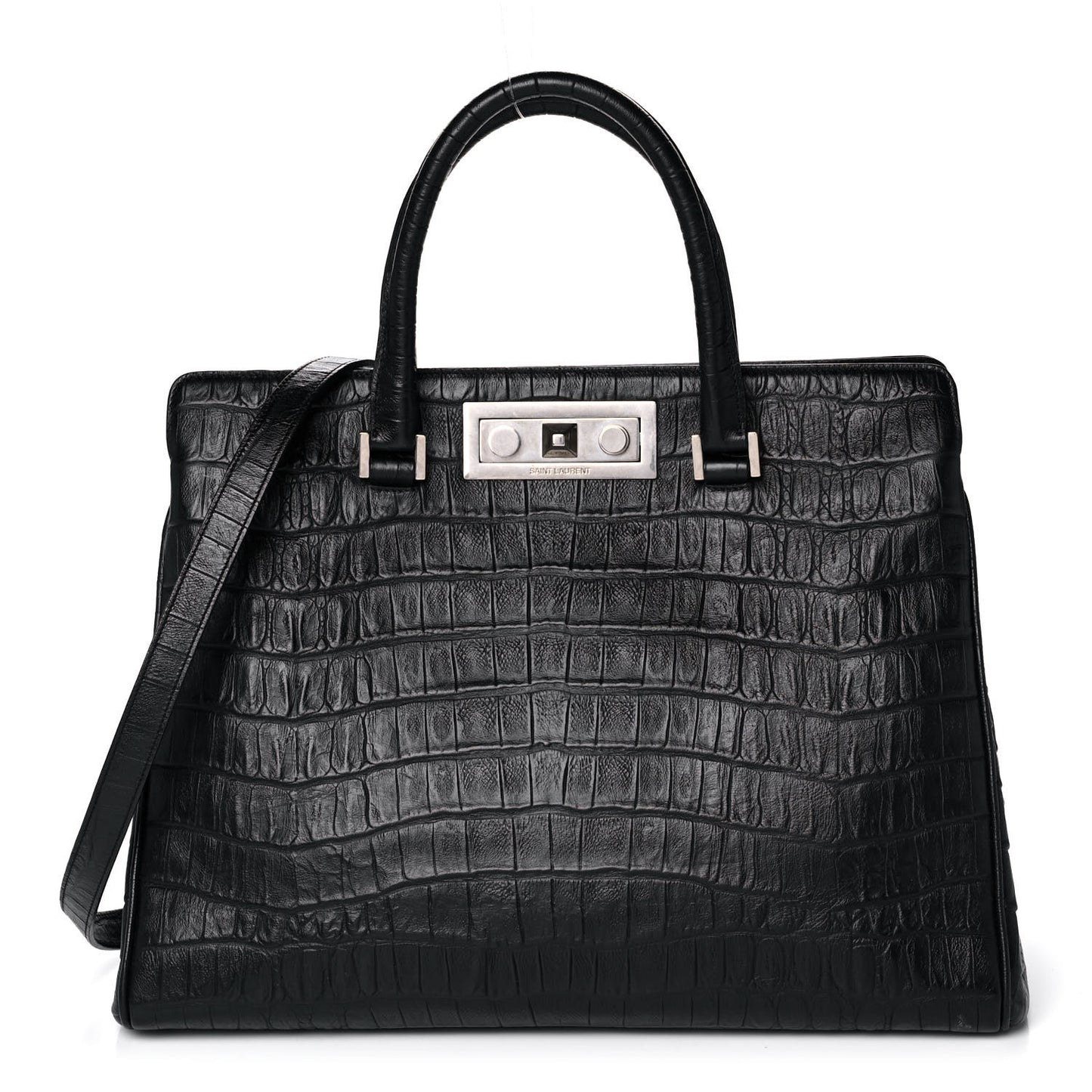 Calfskin Crocodile Embossed Medium Trois Class Tote Black