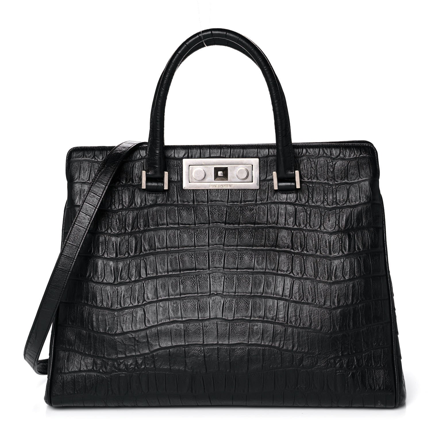 Saint Laurent Calfskin Crocodile Embossed Medium Trois Class Tote Black 1 of 17