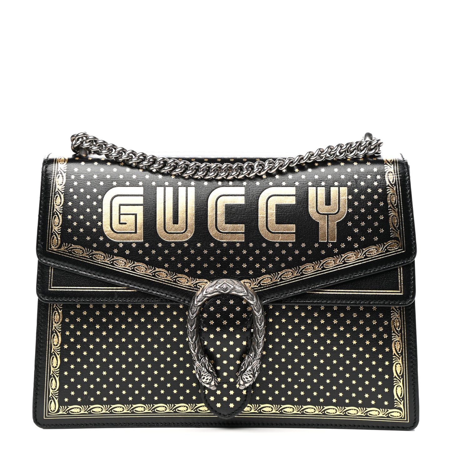 X SEGA Calfskin GUCCY Stars Medium Dionysus Shoulder Bag Black Gold