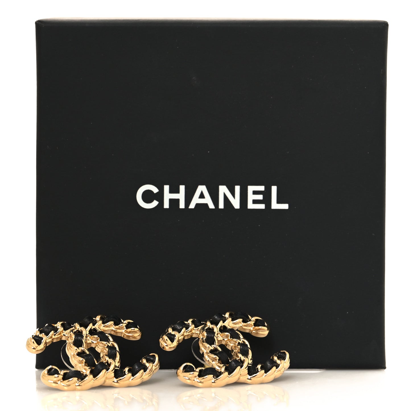 Lambskin CC Chain Earrings Black Gold