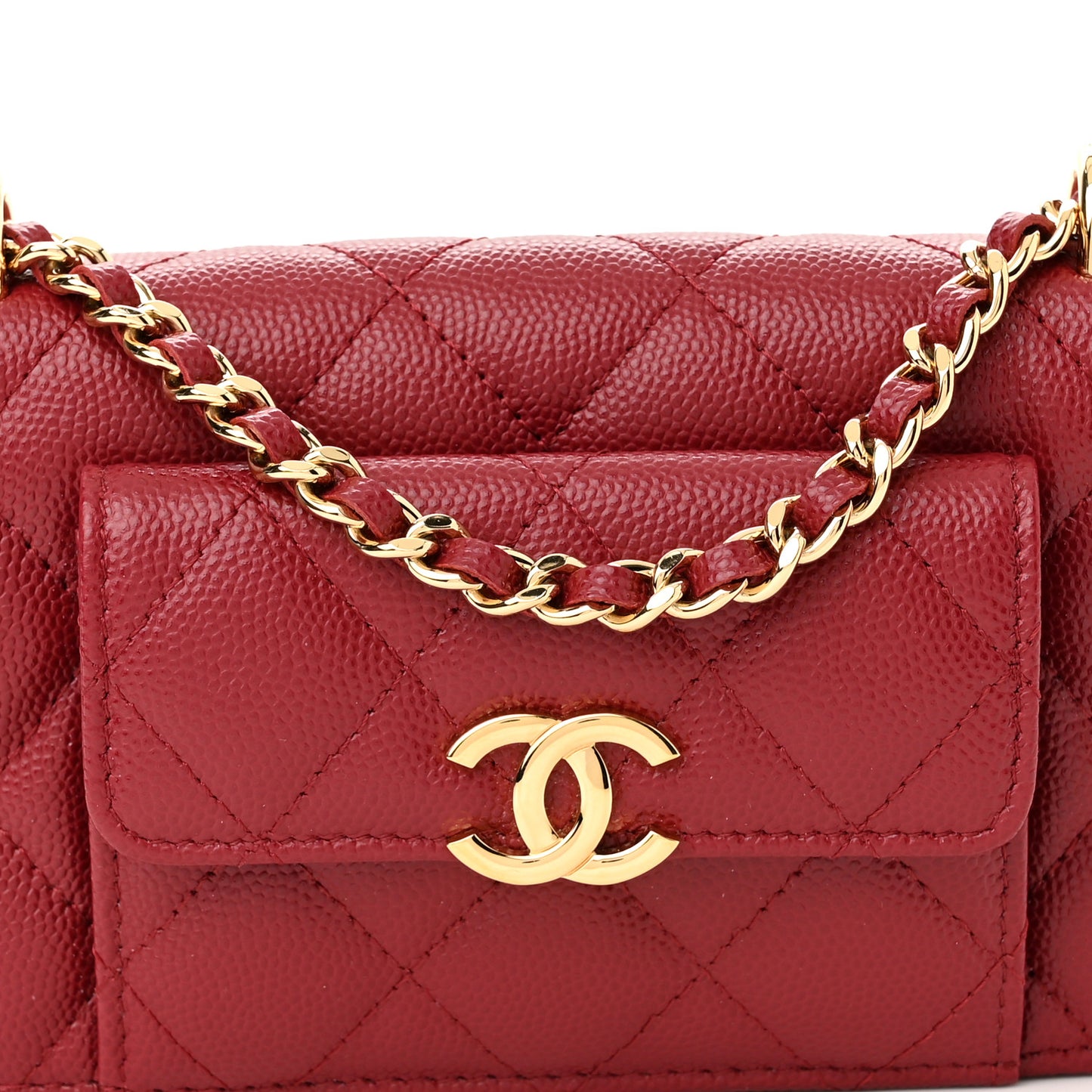 Caviar Quilted Pocket Twins Clutch With Chain Burgundy