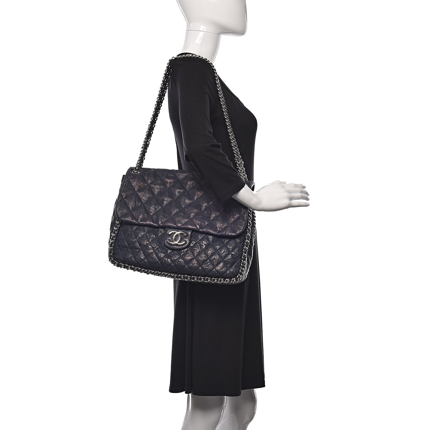 Chanel Washed Lambskin Quilted Chain Around Maxi Flap Dark Navy Blue 2 of 13