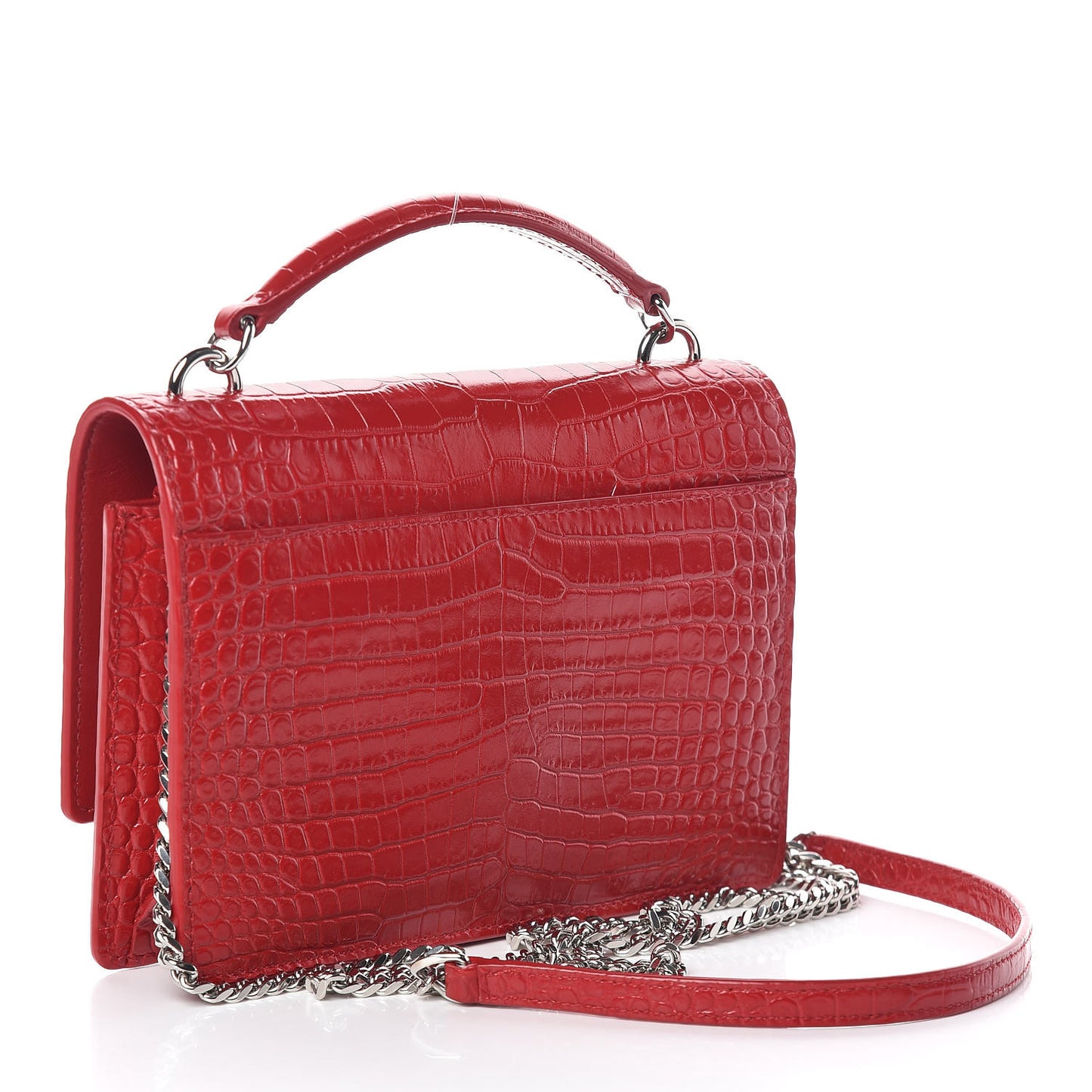 Calfskin Crocodile Embossed Monogram Sunset Chain Wallet New Lipstick Red