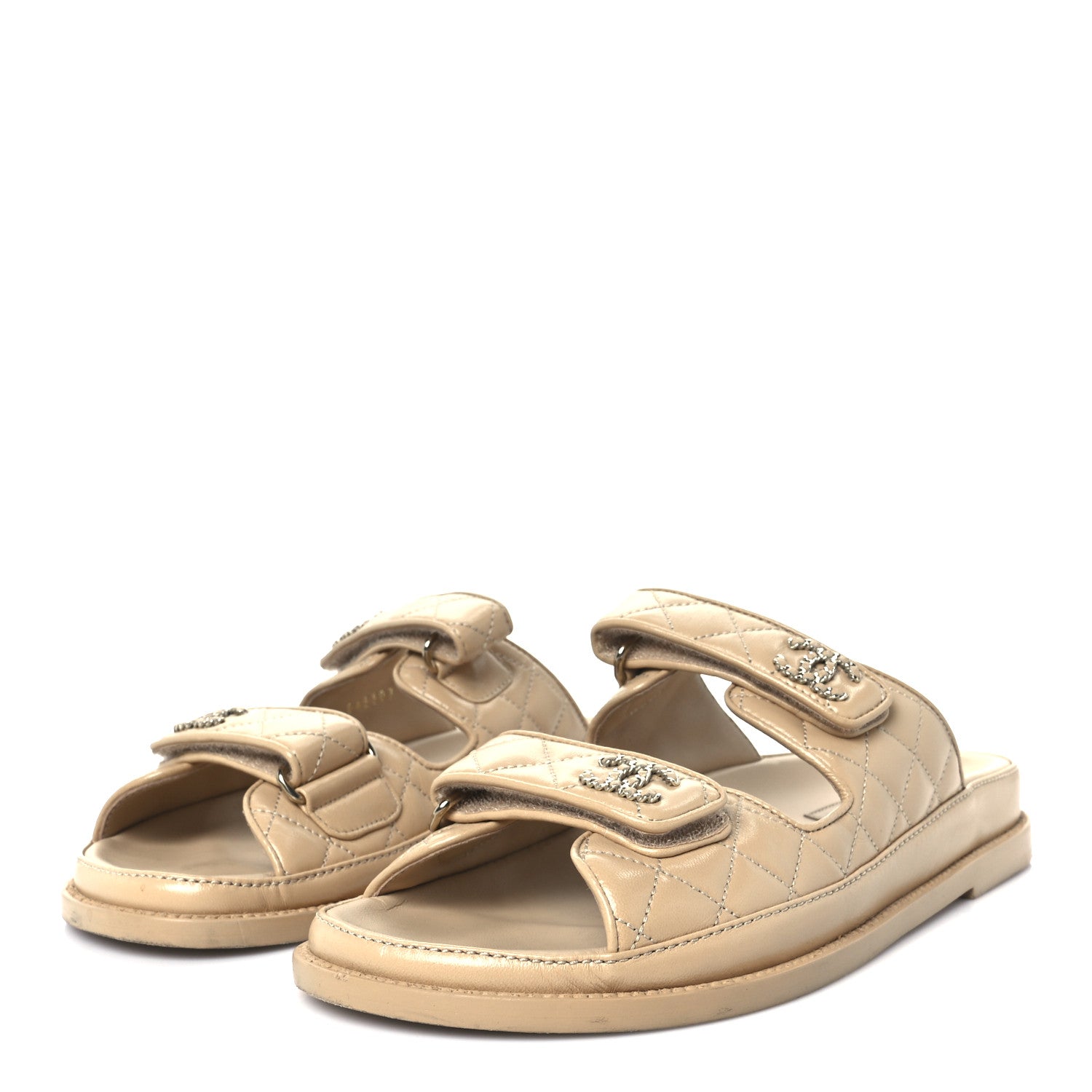Chanel Lambskin Quilted Velcro Dad Chain CC Slide Sandals 39.5 Beige 4 of 9