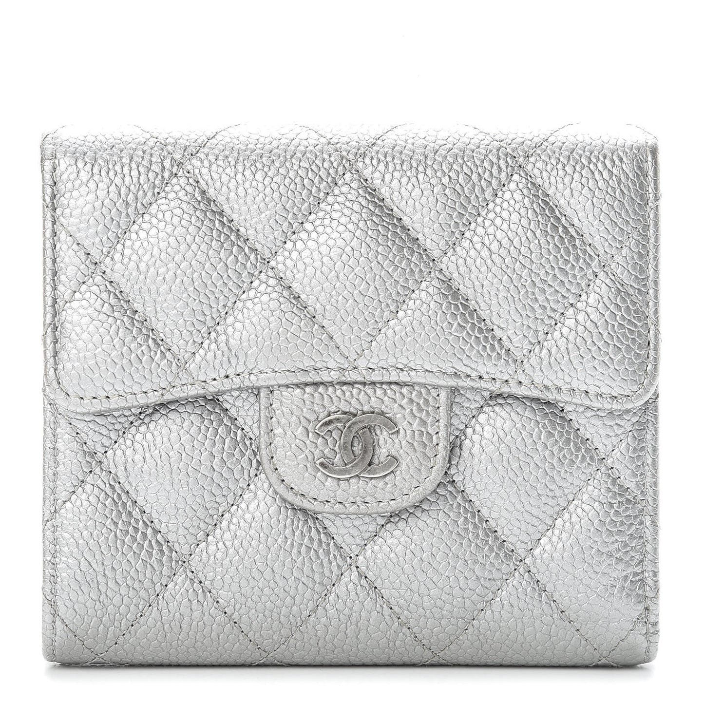 Metallic Caviar Quilted Compact Flap Wallet Silver