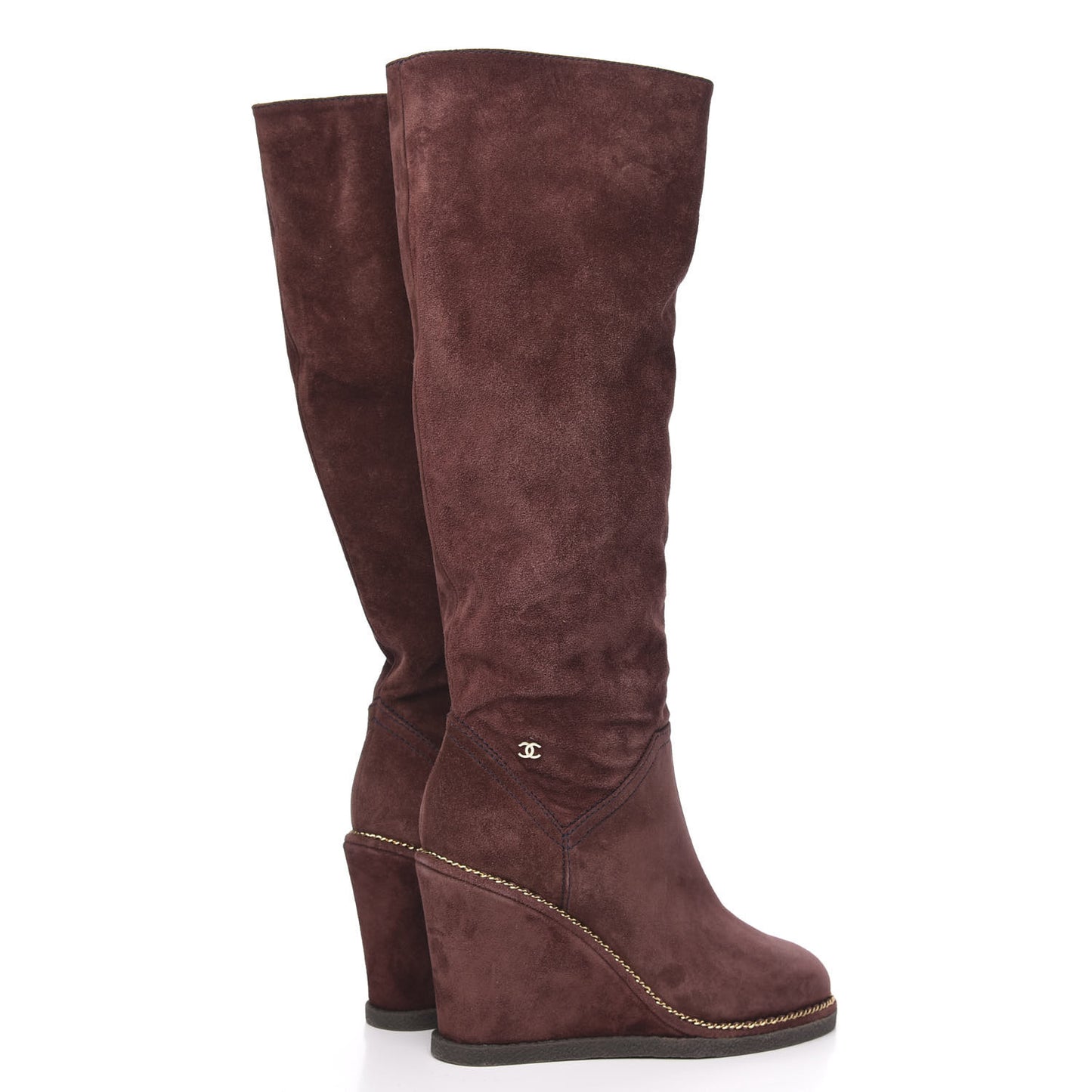 Suede Calfskin Chain Around High Boots 39 Burgundy