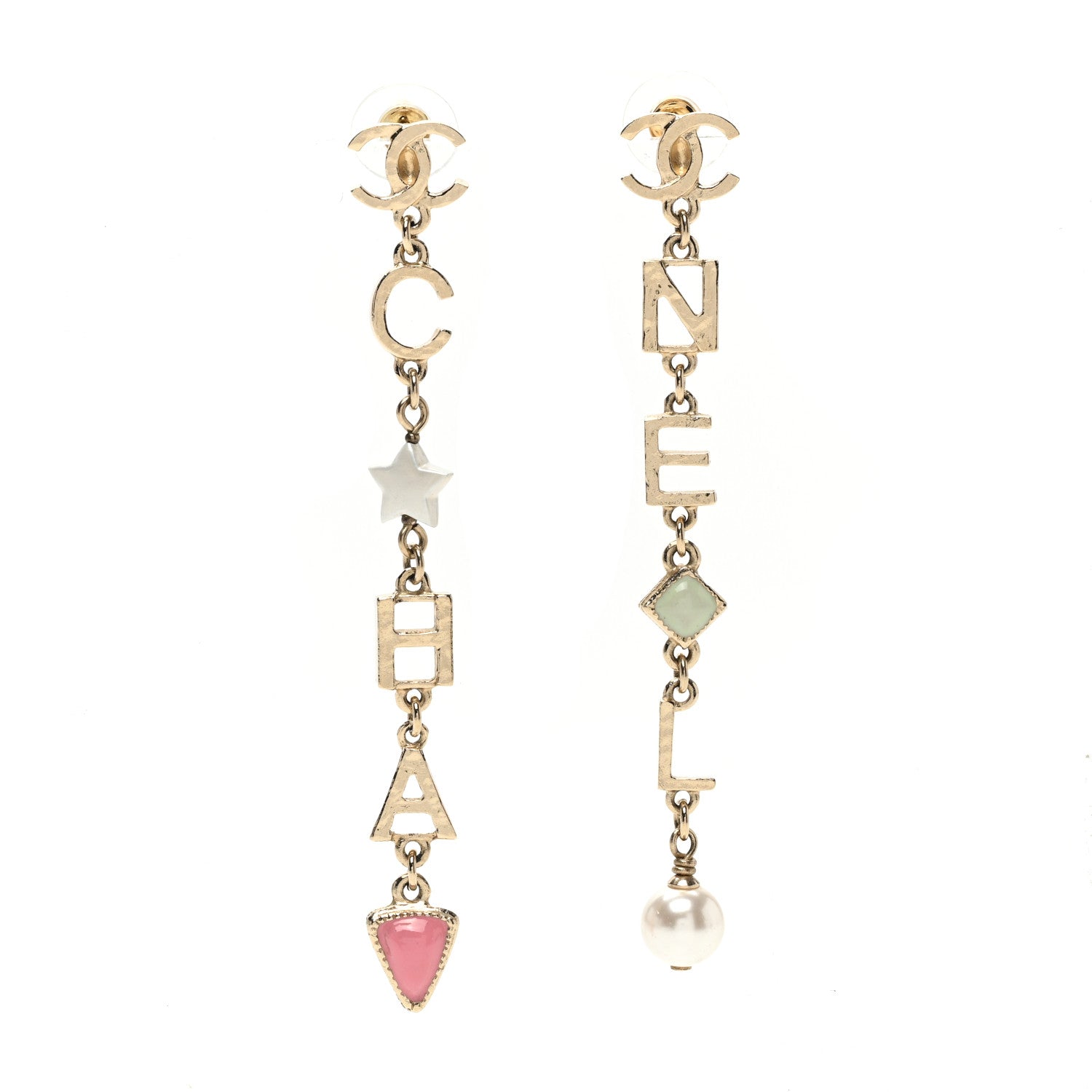 Chanel Resin Pearl Beaded Star Heart CC Logo Drop Earrings Gold Pink Multicolor 1 of 4