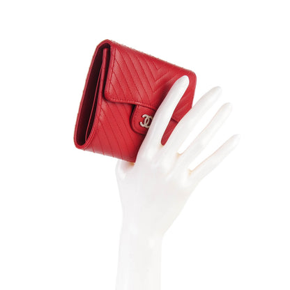 Chanel Caviar Chevron Quilted Compact Flap Wallet Dark Red 2 of 8