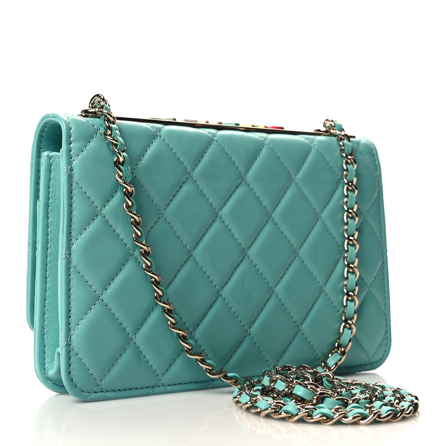 Chanel Lambskin Quilted Trendy CC Wallet On Chain WOC Turquoise 3 of 13