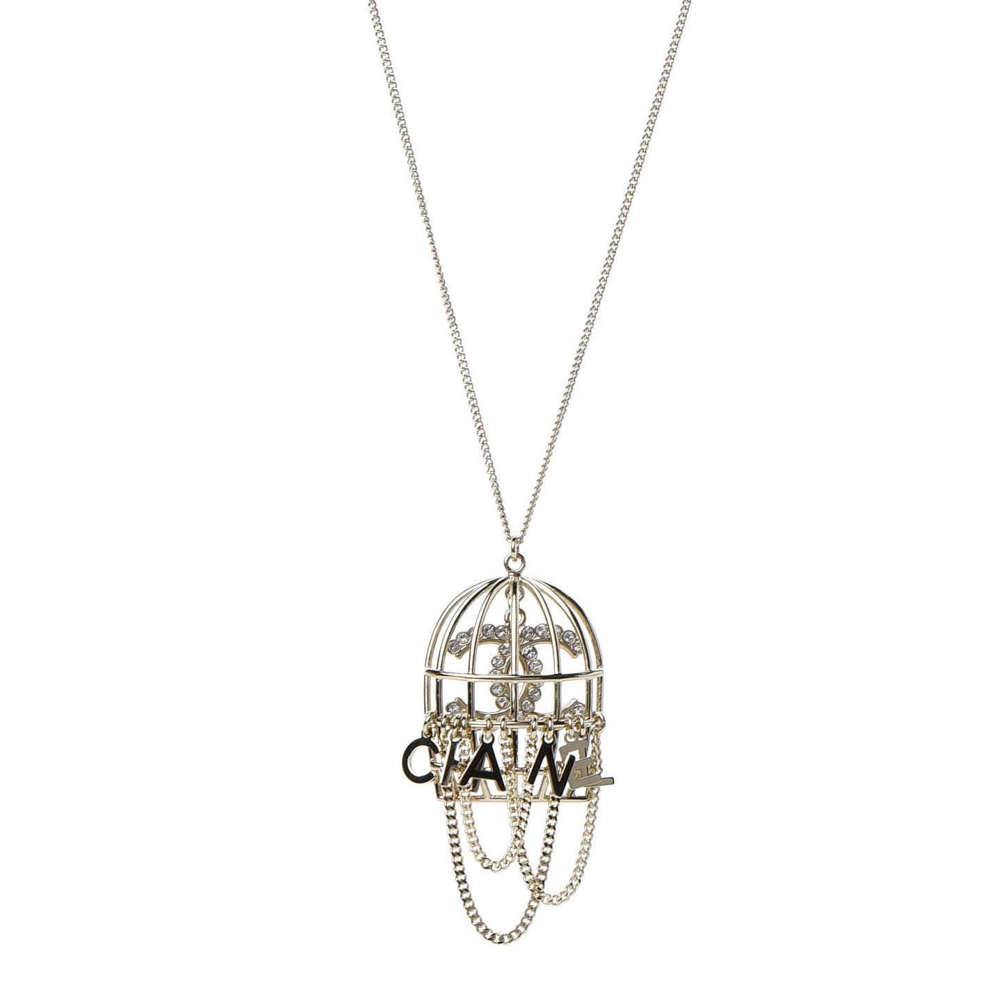 Metal Crystal Logo Bird Cage Necklace Gold