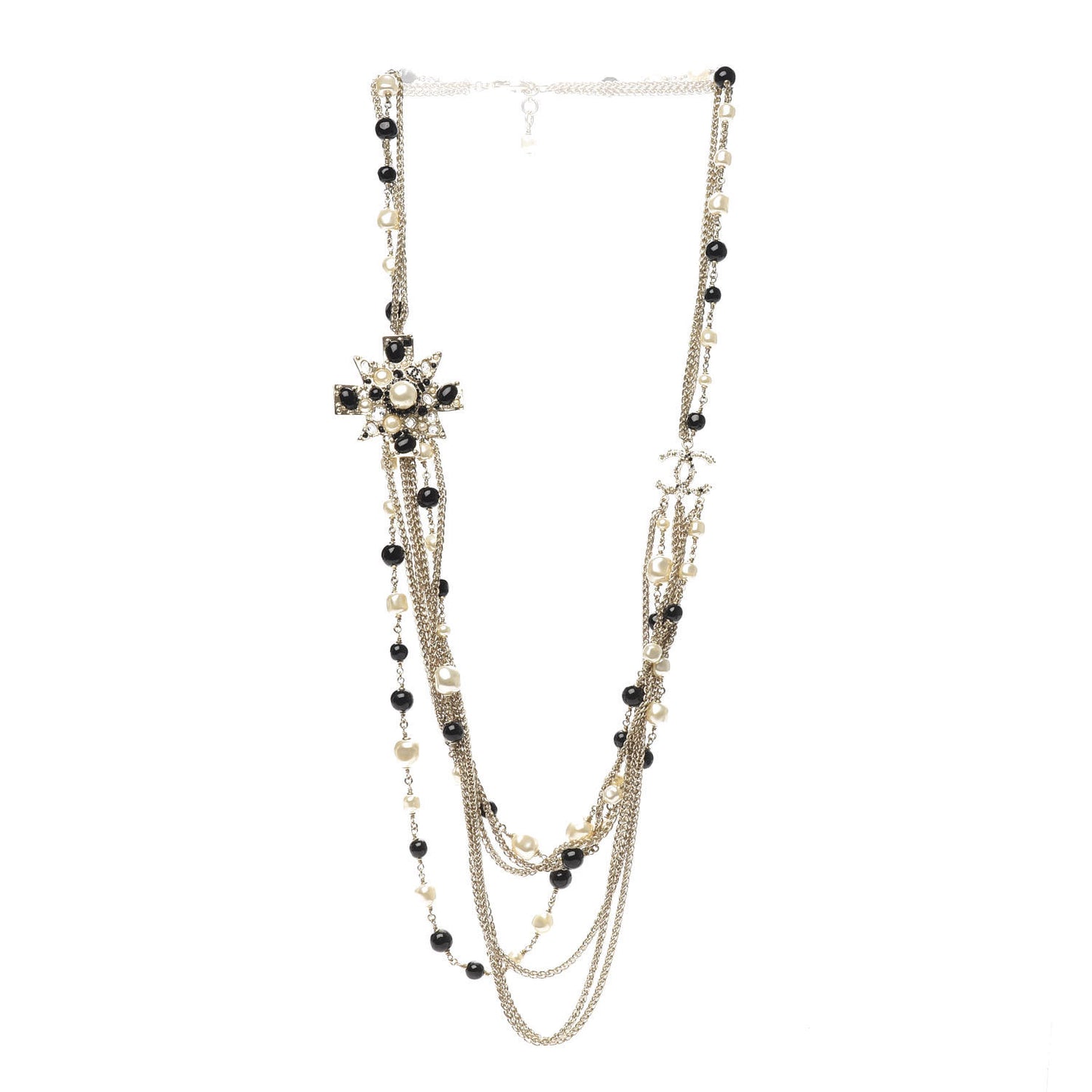 Pearl Crystal Beaded CC Multi Strand Necklace Gold Black