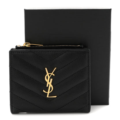 Saint Laurent Grain De Poudre Matelasse Chevron Monogram Zipped Card Case Black 8 of 8