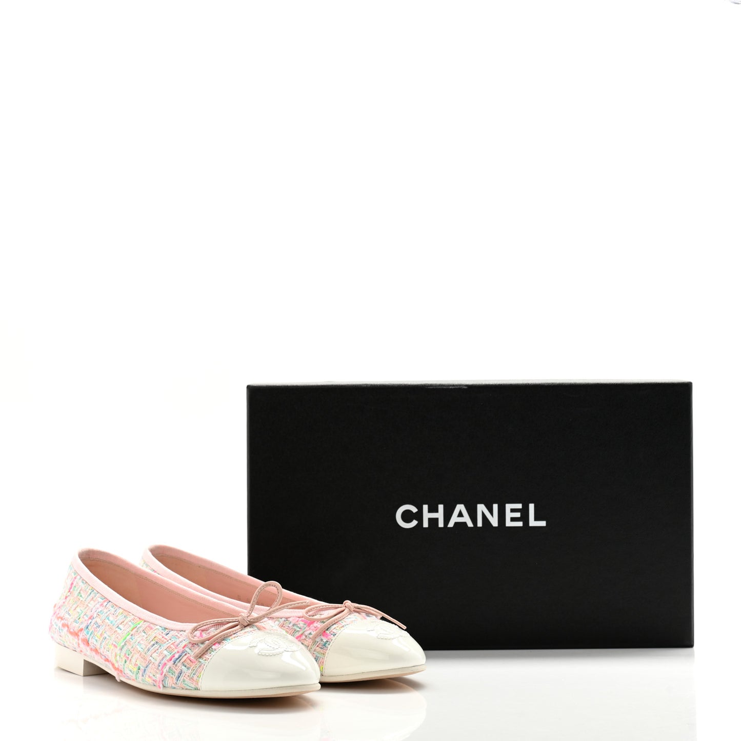 Cotton Tweed Patent Calfskin Cap Toe Ballerina Flats 36.5 Light Pink Multicolor White