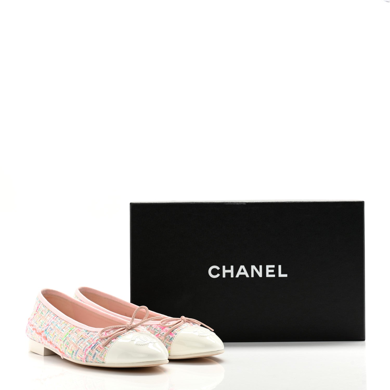 Chanel Cotton Tweed Patent Calfskin Cap Toe Ballerina Flats 36.5 Light Pink Multicolor White 12 of 12