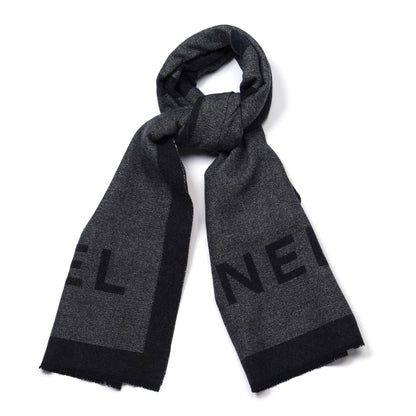 Chanel Cashmere Silk CC Logo Fringe Scarf Black Grey 1 of 4
