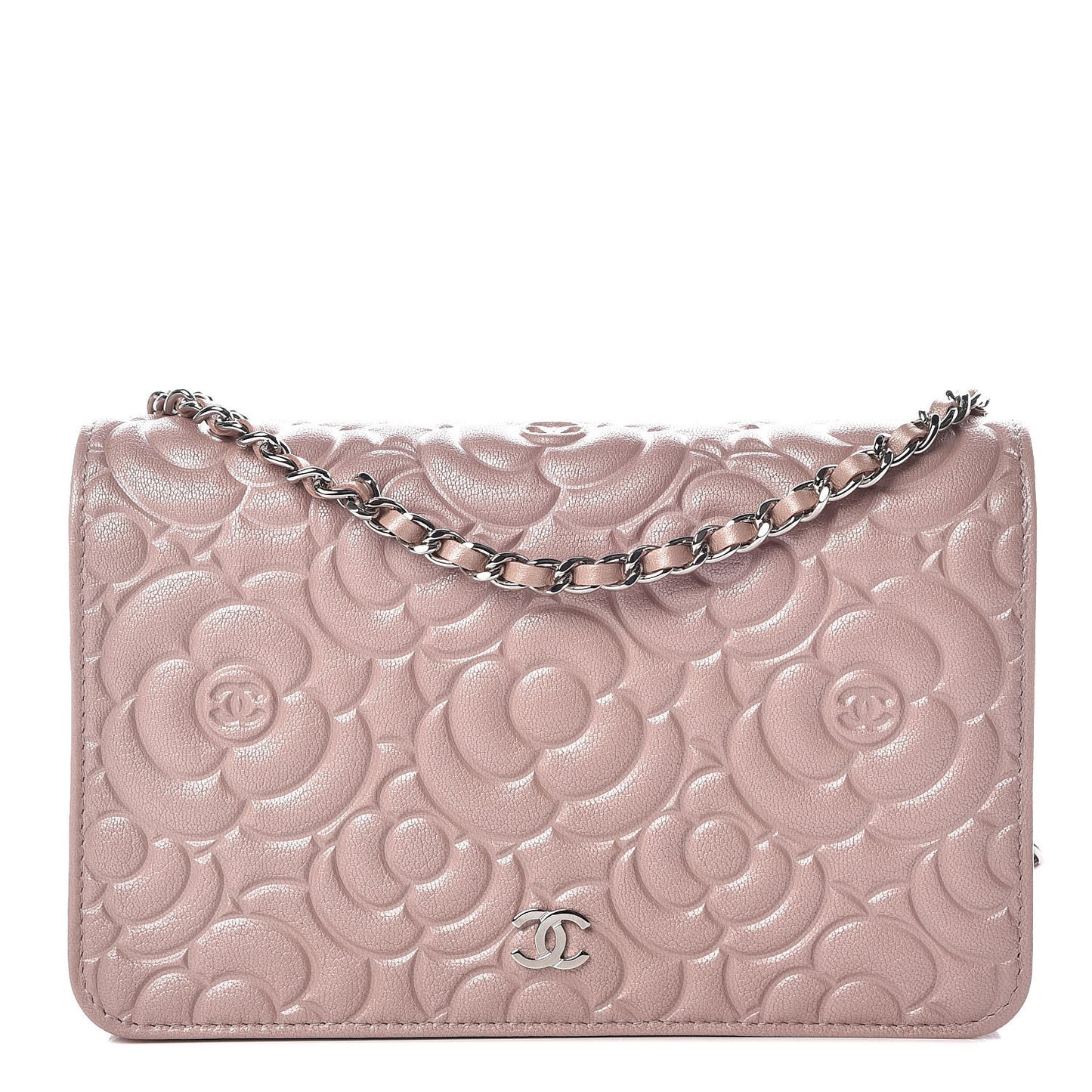 Goatskin Camellia Embossed Wallet On Chain WOC Light Pink