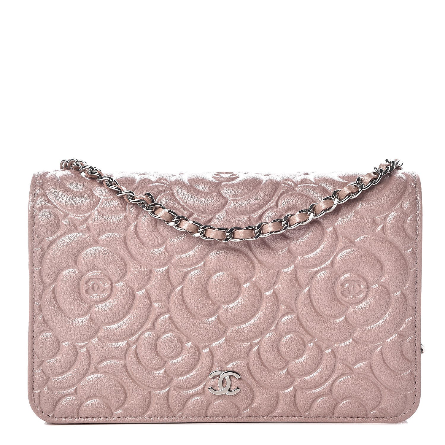 Chanel Goatskin Camellia Embossed Wallet On Chain WOC Light Pink 1 of 12