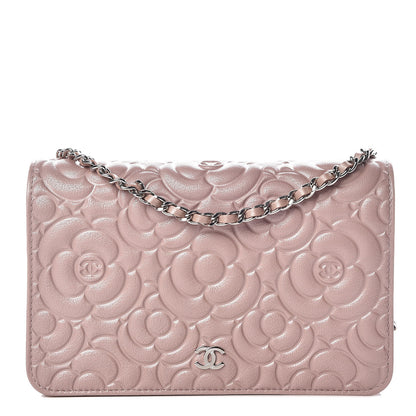 Chanel Goatskin Camellia Embossed Wallet On Chain WOC Light Pink 1 of 12