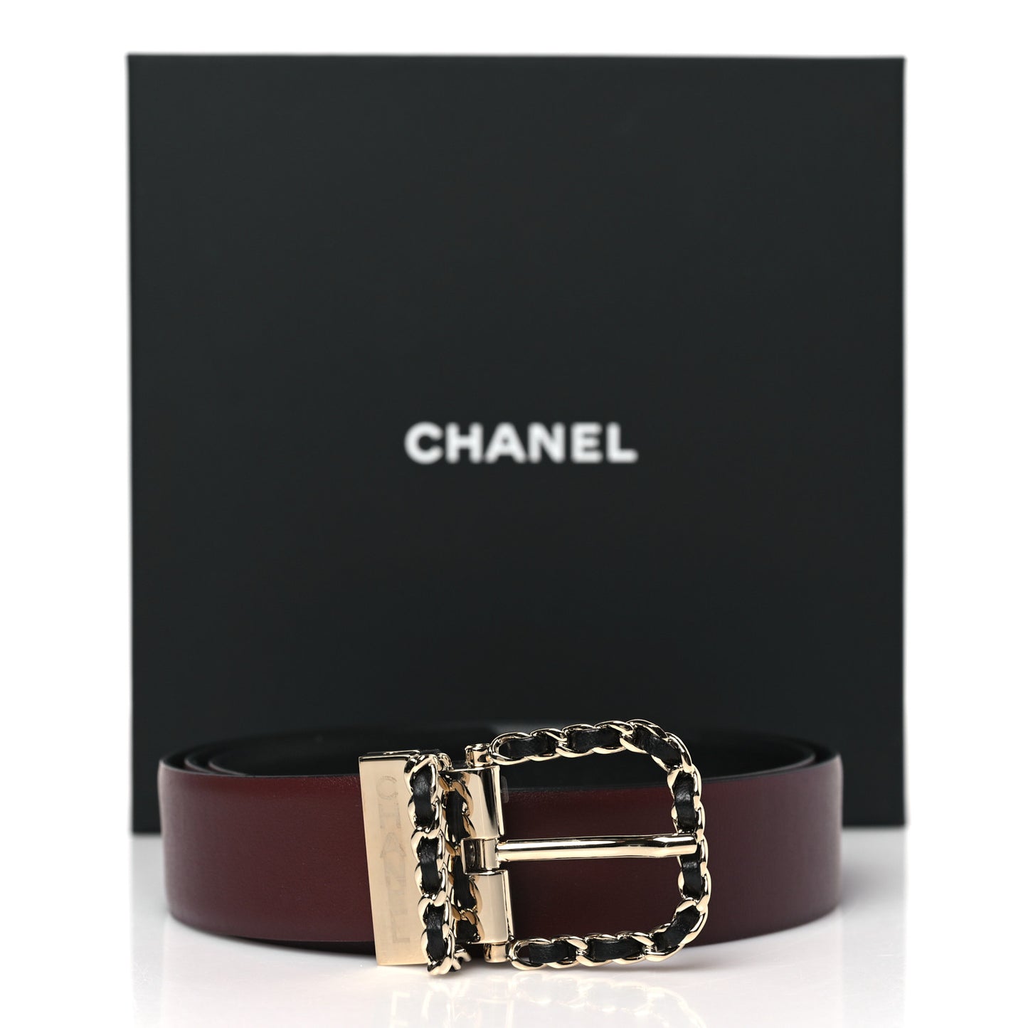 Calfskin Lambskin Metal Chain Reversible Belt 90 36 Black Burgundy