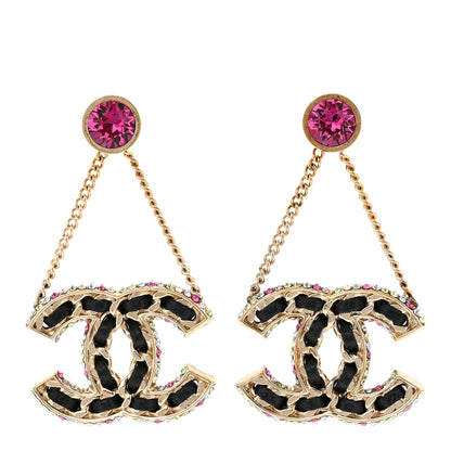Chanel Metal Lambskin Crystal CC Chain Drop Earrings Black Gold Pink Multicolor 1 of 5