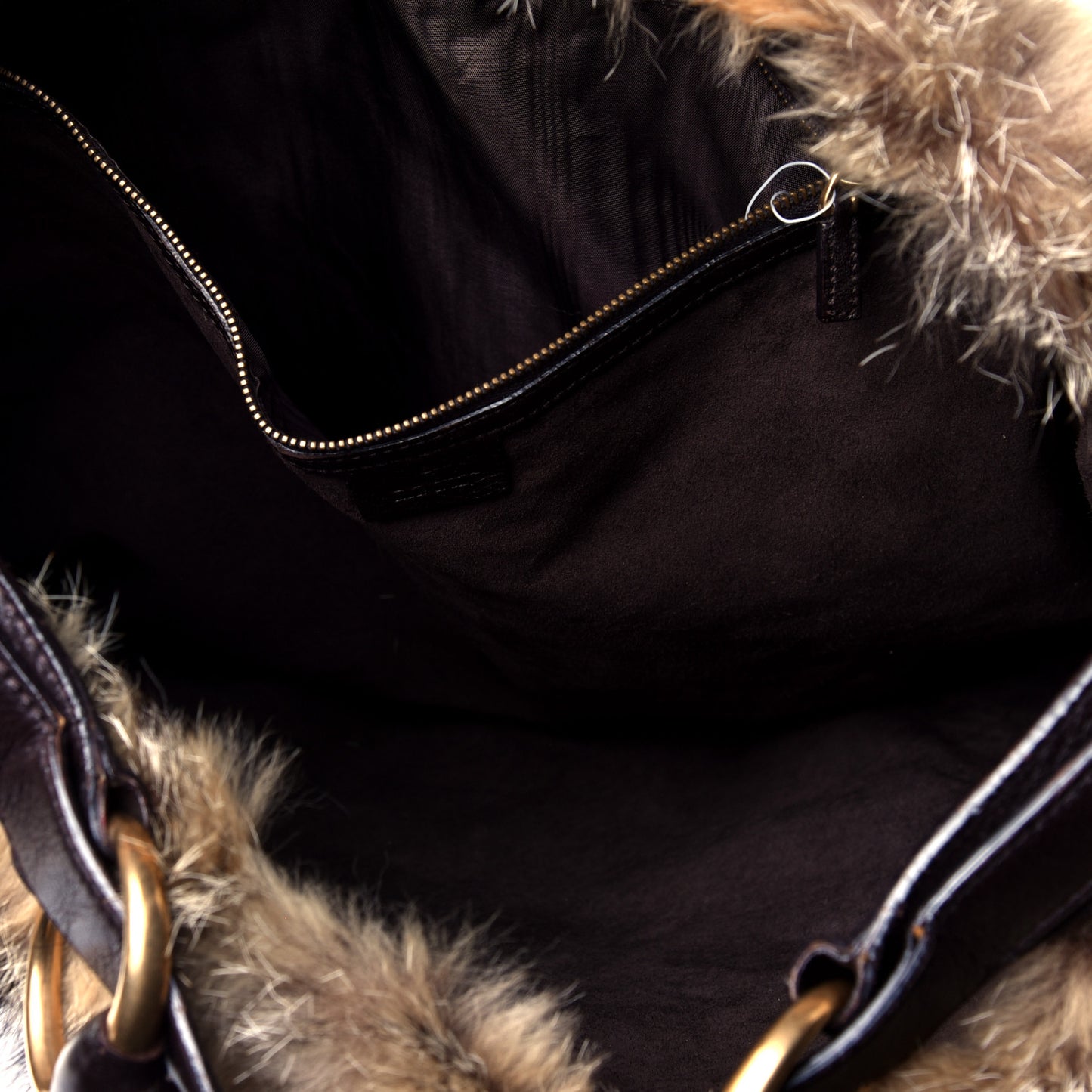 Raccoon Fur Large Horsebit Chain Hobo Brown