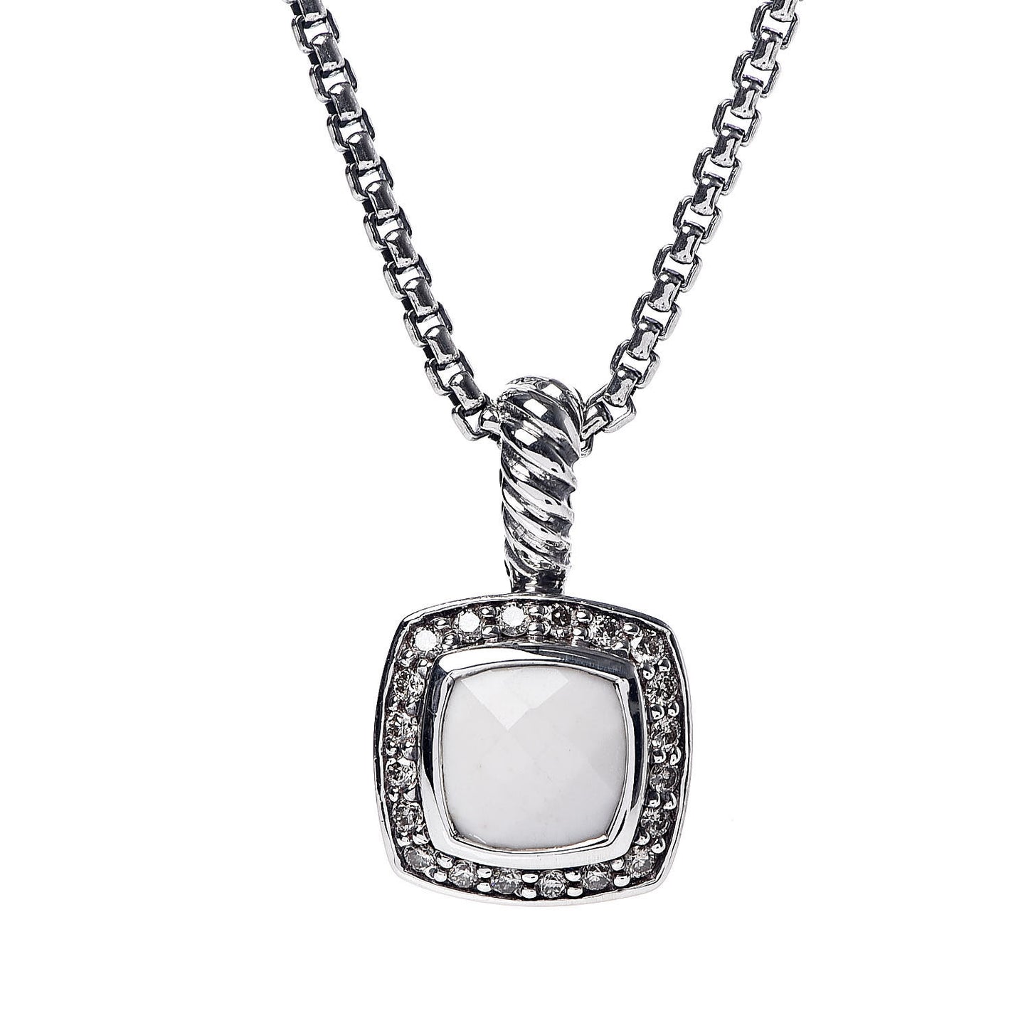 Sterling Silver White Agate Diamond 7mm Petite Albion Pendant Necklace