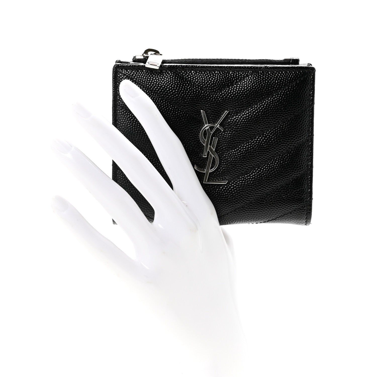 Saint Laurent Grain De Poudre Matelasse Chevron Monogram Zipped Card Case Black 2 of 8