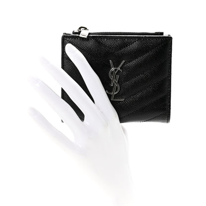 Saint Laurent Grain De Poudre Matelasse Chevron Monogram Zipped Card Case Black 2 of 8