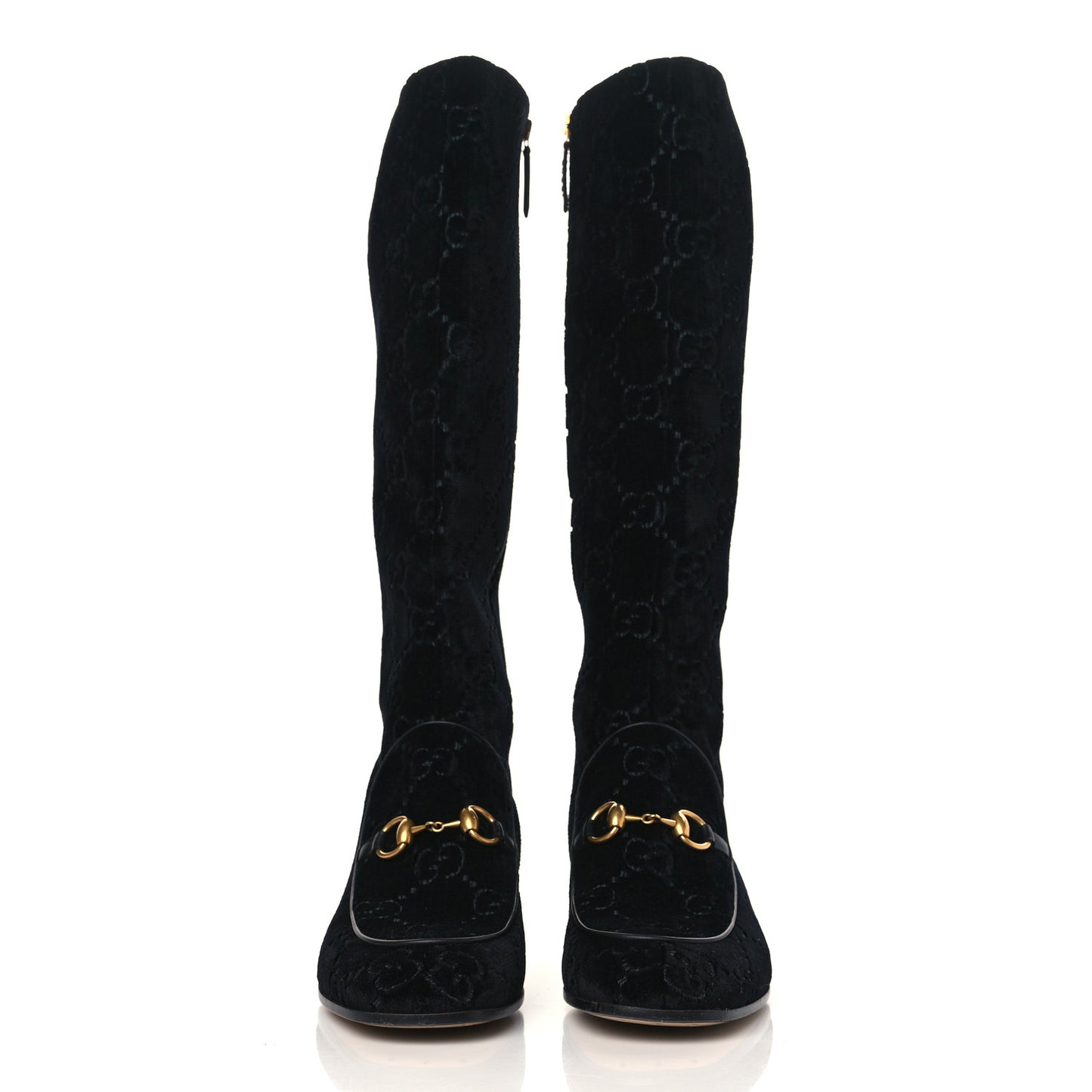 Velvet GG Monogram Crystal Horsebit Knee High Boots 39 Black