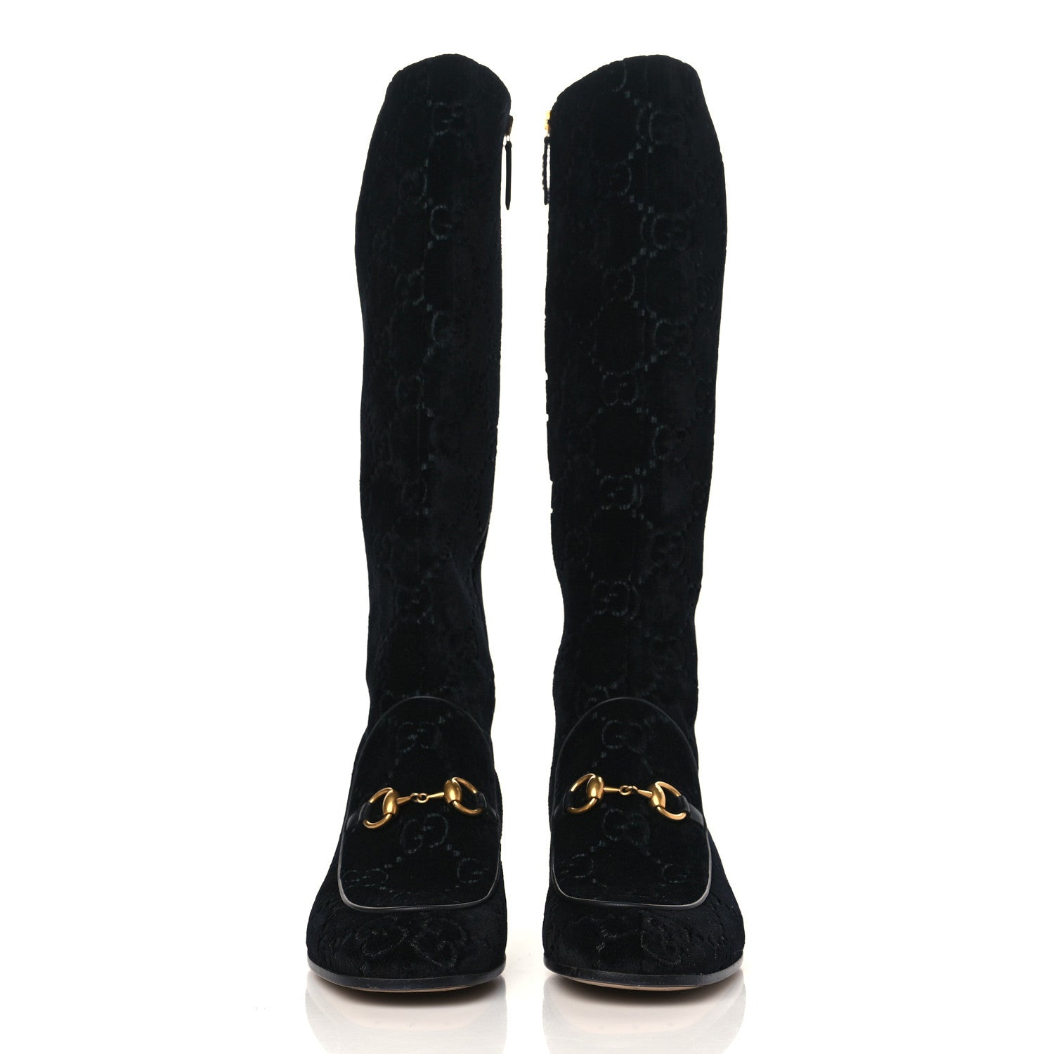 Gucci Velvet GG Monogram Crystal Horsebit Knee High Boots 39 Black 2 of 10