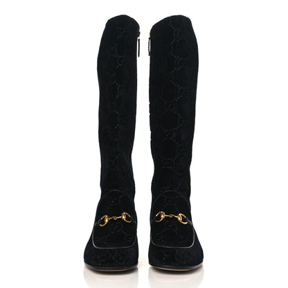 Gucci Velvet GG Monogram Crystal Horsebit Knee High Boots 39 Black 2 of 10