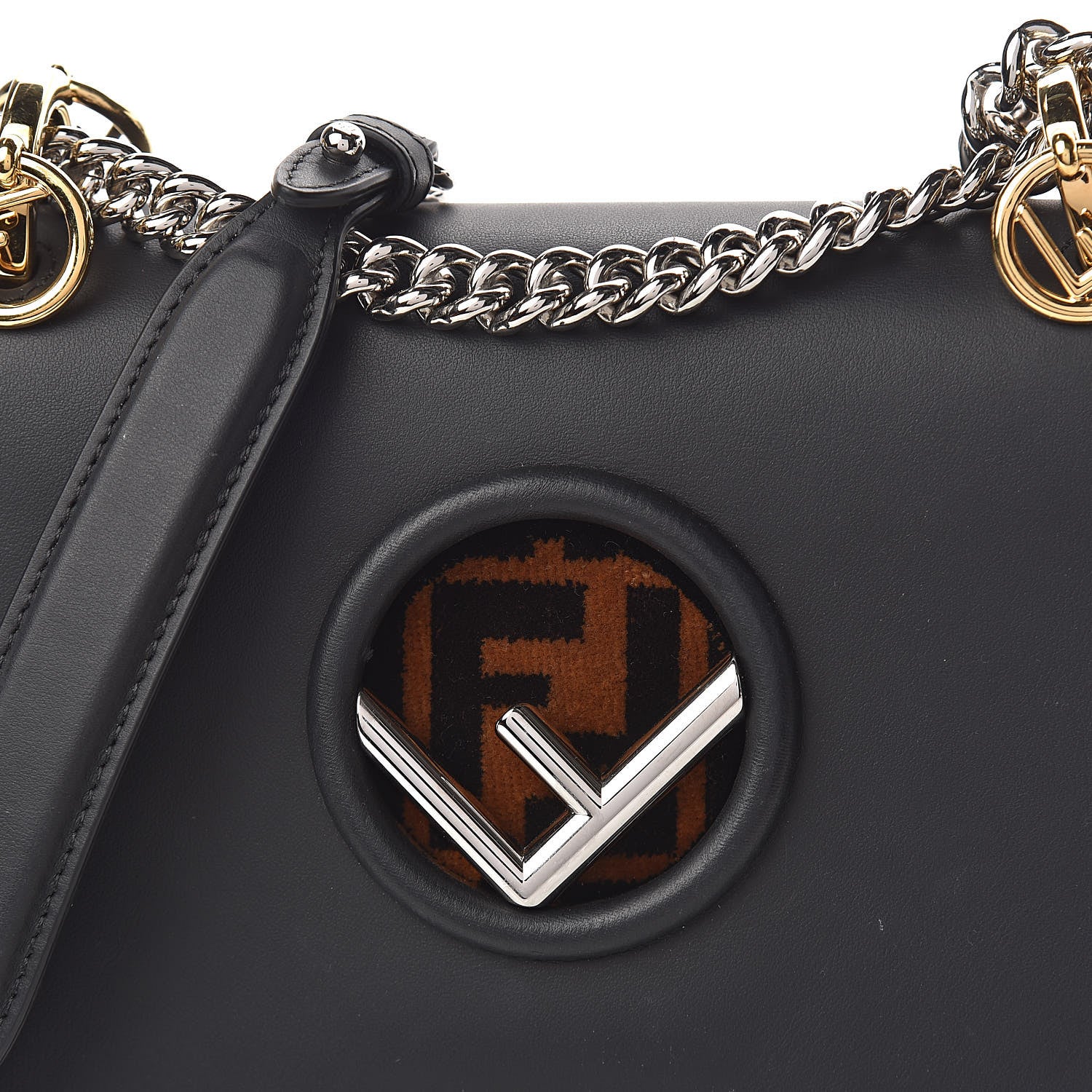 Fendi Vitello Century Velvet F is Fendi FF Small Kan I Shoulder Bag Black Tobacco 8 of 11