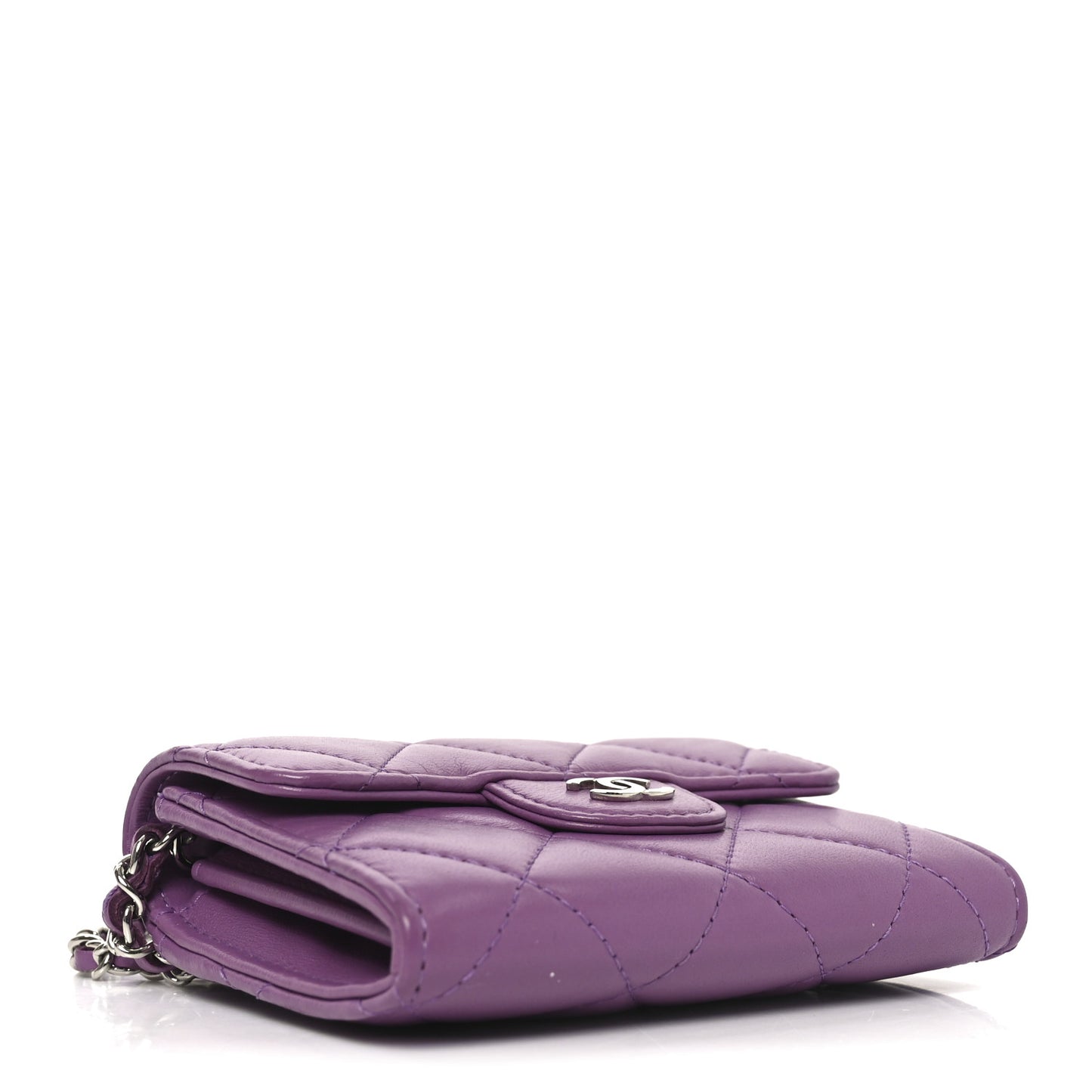 Lambskin Quilted Flap Card Holder On Chain Violet Purple
